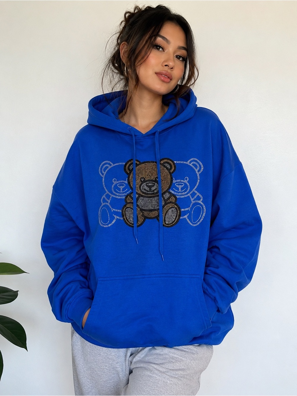 Vinizbena XL Blue Rhinestone Teddy Bear Hoodie Y2K Streetwear Sweatshirt